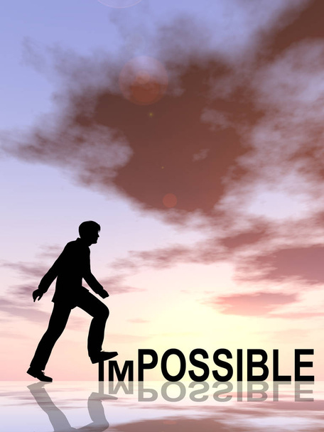 Koncepce nebo konceptuální 3d ilustrace člověka nebo podnikatel černá silueta na nemožné nebo možné text při západu slunce - Fotografie, Obrázek