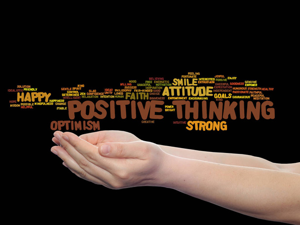 Konzept oder konzeptionelles positives Denken, glückliche oder starke Haltung abstrakte Wortwolke in den Händen isoliert auf dem Hintergrund - Foto, Bild
