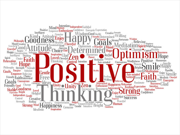 Concepto, pensamiento positivo conceptual, feliz fuerte actitud abstracta palabra nube aislada en el fondo. Collage de optimismo sonrisa, fe, metas valientes, bondad, felicidad inspiración texto
 - Foto, imagen