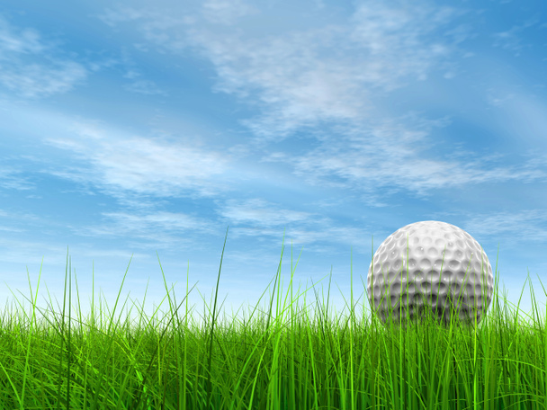 Zielone, świeże i naturalne 3d ilustracja pojęciowy sport trawa na tle nieba z piłeczki do golfa w horizon - Zdjęcie, obraz