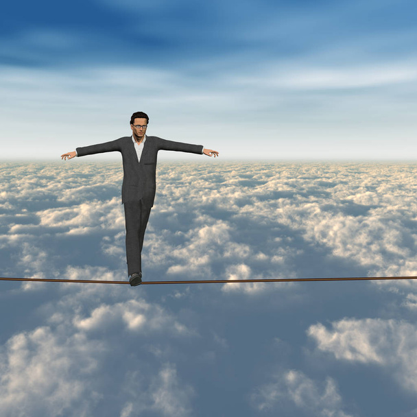 Conceito conceitual de empresário 3D ou homem em crise andando em equilíbrio na corda acima das nuvens céu quadrado fundo
 - Foto, Imagem