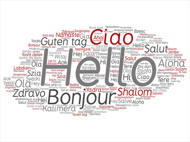 Vector concept or conceptual abstract hello or greeting international tourism word cloud in different languages or multilingual. Collage of world, foreign, worldwide travel, translate, vacation text - Vector, Image