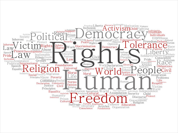 Koncepce nebo konceptuální lidská práva politické svobody, demokracie abstraktní slovo mrak, samostatný pozadí. Koláž z lidstvo světa tolerance, principy práva, lidé spravedlnosti diskriminace text - Fotografie, Obrázek