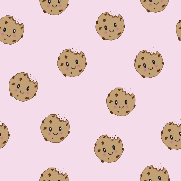 Vektor niedlich glücklich lächelnd Schokoladenchips cookies.seamless Muster Hintergrund. Vektor flache Karikatur Illustration Icon Design. isoliert auf rosa Hintergrund. Konzept für frisch gebackene Schokoplätzchen - Vektor, Bild