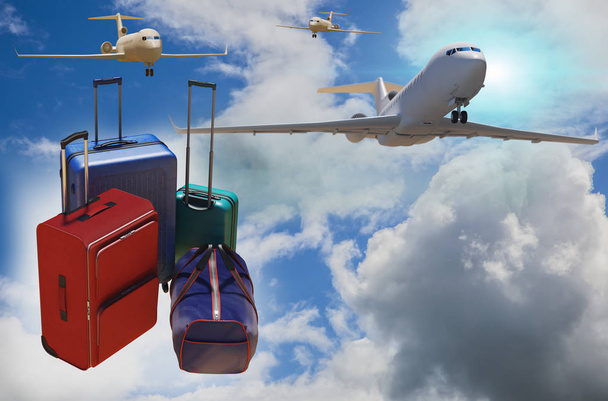 τσάντες ταξιδίου με αποσκευές ως σύμβολο των ταξιδιών και του τουρισμού έννοια 3d καθιστούν - Φωτογραφία, εικόνα