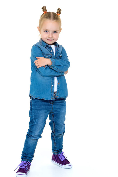 Little girl in a denim suit. - Photo, image