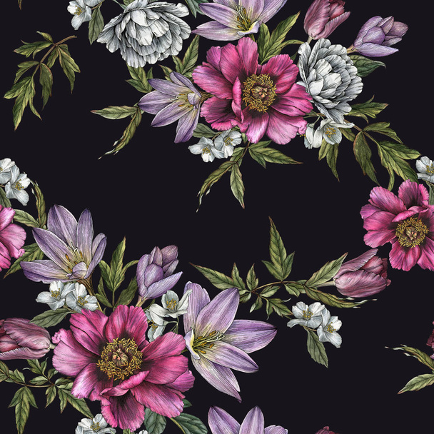 Floral seamless pattern with watercolor peonies, roses, tulips and jasmine flowers - Foto, Bild