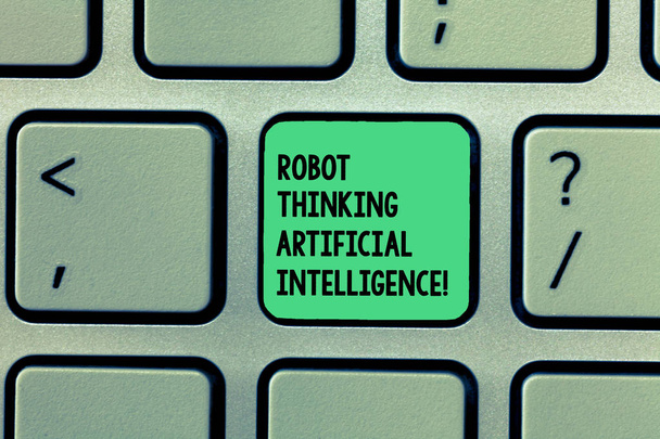 Writing note showing Robot Thinking Artificial Intelligence. Business photo showcasing AI modern futuristic chat bot Keyboard Intention to create computer message keypad idea. - Photo, Image