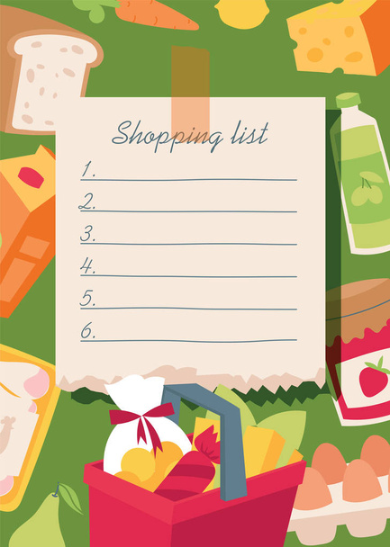 Shopping list banner vector illustration. Checklist food planning for market, everyday notebook with vegetables, basket, diary products, bread, juice, sausage, jam, egs, carrot, milk. - Vector, Image