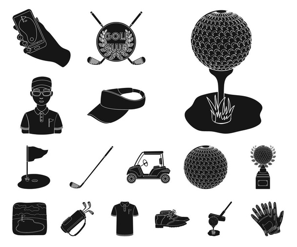 Golf and attributes black icons in set collection for design.Golf Club and equipment vector symbol stock  illustration. - Вектор,изображение