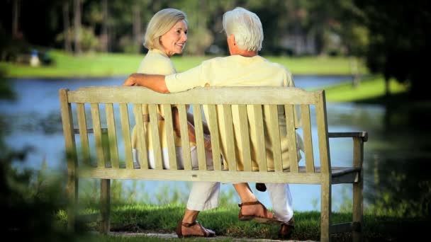 公園のベンチでくつろいでコンテンツ年配のカップル - 映像、動画