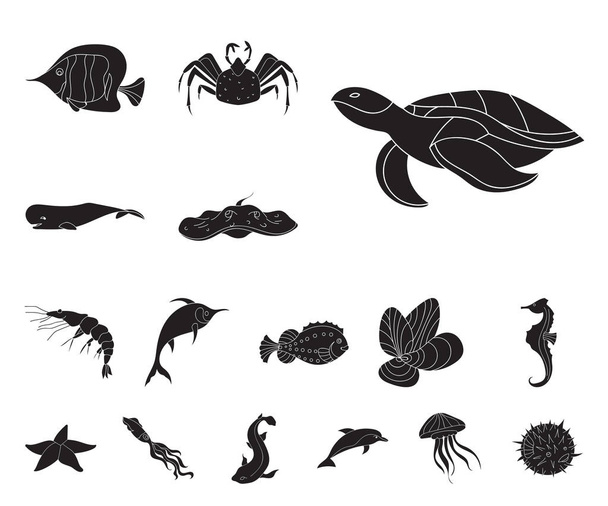 A variety of marine animals black icons in set collection for design. Fish and shellfish vector symbol stock web illustration. - Vetor, Imagem