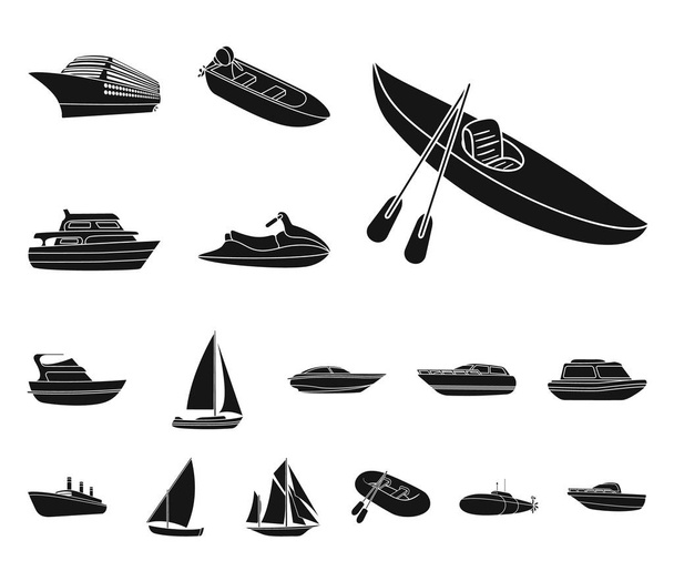 Vesi ja meriliikenne musta kuvakkeet asetettu kokoelma suunnitteluun. Erilaisia veneitä ja aluksia vektori symboli varastossa web kuva
. - Vektori, kuva