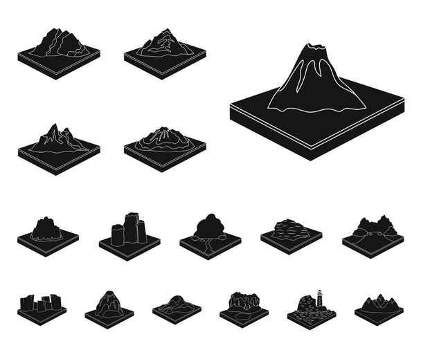 Mountains, massive black icons in set collection for design. The surface of the earth vector isometric symbol stock  illustration. - Vektor, Bild