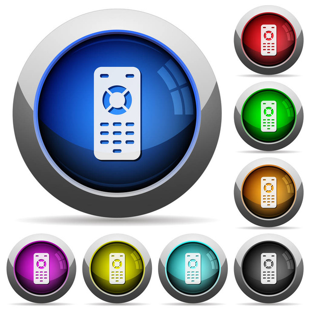 Iconos de control remoto en botones redondos brillantes con marcos de acero
 - Vector, imagen