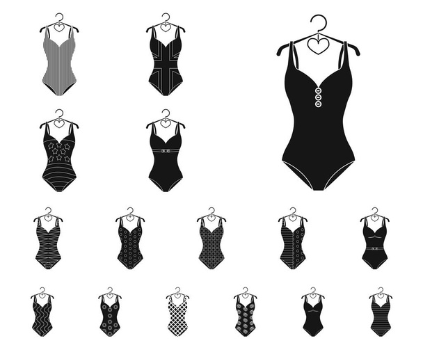 Different types of swimsuits black icons in set collection for design. Swimming accessories vector symbol stock web illustration. - Vector, imagen