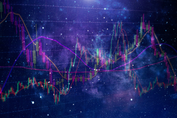 Forex glowing graphs of different colors showing financial market situation on abstract digital background. - Photo, Image