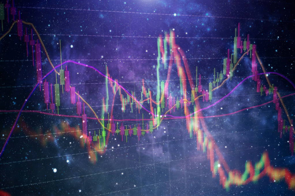 Forex glowing graphs of different colors showing financial market situation on abstract digital background. - Photo, Image