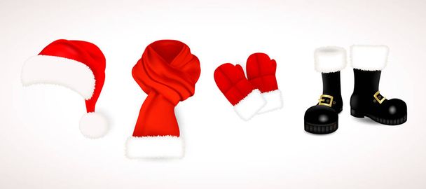 Kollektion traditioneller roter Weihnachtsmannkleidung, Hut mit flauschigem Pelzbommel, Schal mit Schnee, Fäustlinge und schwarze Stiefel auf weißem Hintergrund. Vektorillustration. - Vektor, Bild