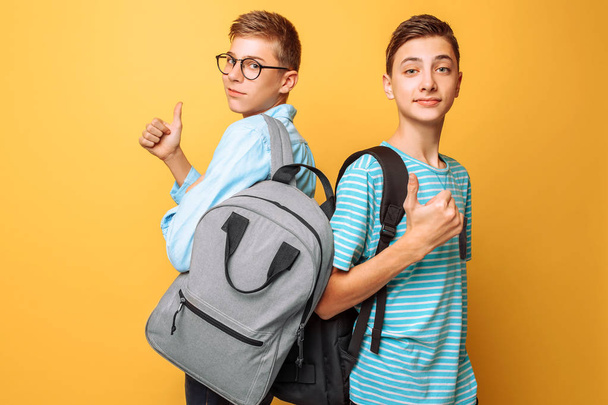 Two teenagers, guys show opposite emotions, friends show positive and negative gestures - 写真・画像