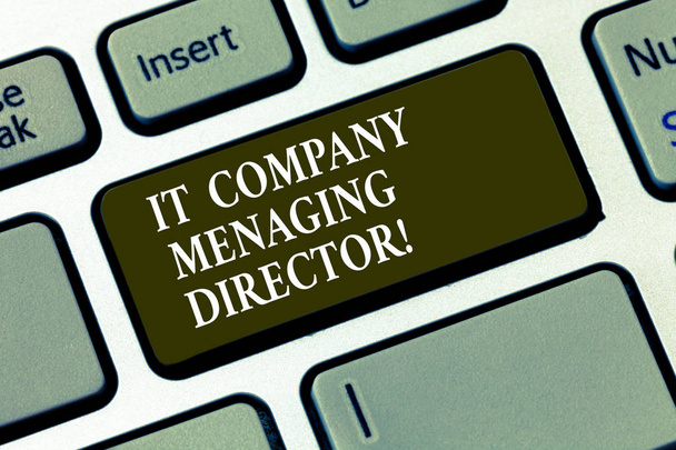 Handwriting text It Company Managing Director. Concept meaning Professional information technology boss Keyboard key Intention to create computer message pressing keypad idea. - Photo, Image