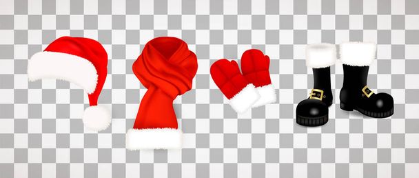 Kollektion traditioneller roter Weihnachtsmannkleidung, Hut mit flauschigem Pelzbommel, Schal mit Schnee, Fäustlinge und schwarze Stiefel isoliert auf transparentem Hintergrund. Vektorillustration. - Vektor, Bild