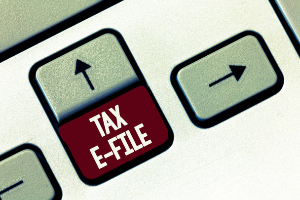 Texto de escritura de palabras Tax E File. Concepto empresarial para el sistema de presentación de documentos fiscales al Servicio de Impuestos Internos de EE.UU.
 - Foto, Imagen
