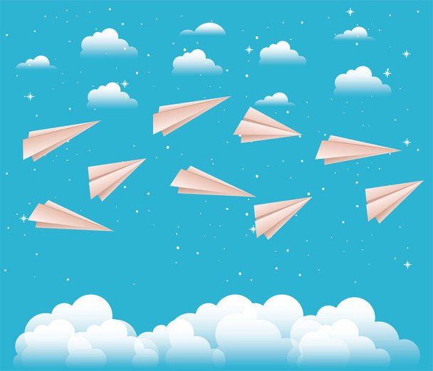 cielo con aviones de papel
 - Vector, imagen