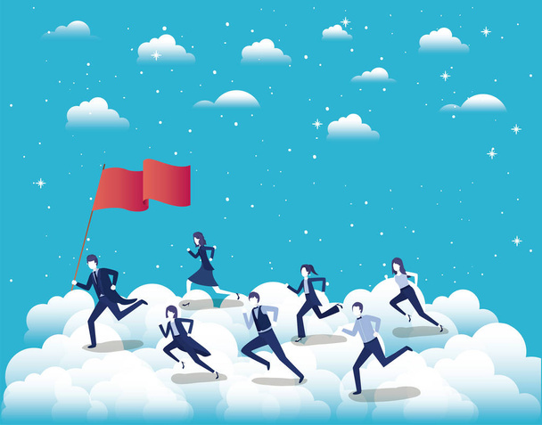 mensen uit het bedrijfsleven concurreren in de hemel met vlag - Vector, afbeelding