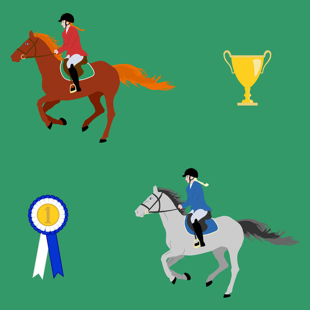 Rider in uniform on a galloping horse, trophy and prize rosette - vector illustration in flat style or seamless pattern. For prints on clothes and wrapping paper. Equestrian theme. - Vector, Image