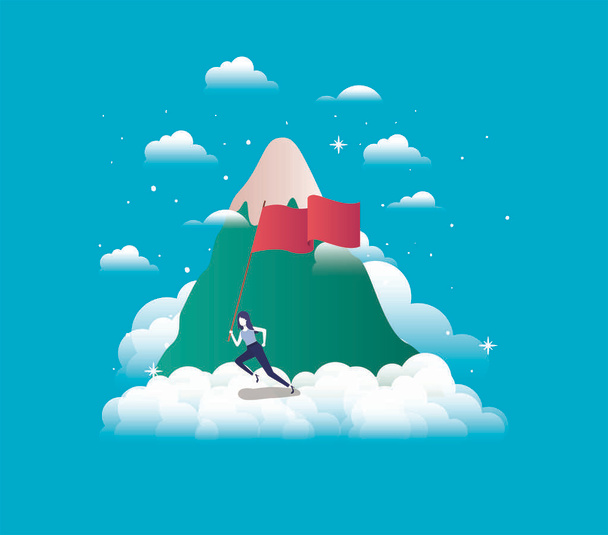 liikenainen lippu kilpailevat taivaalla ja vuorella
 - Vektori, kuva