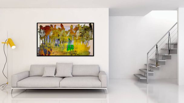 Modern parlak iç daire oturma oda 3d render illüstrasyon - Fotoğraf, Görsel