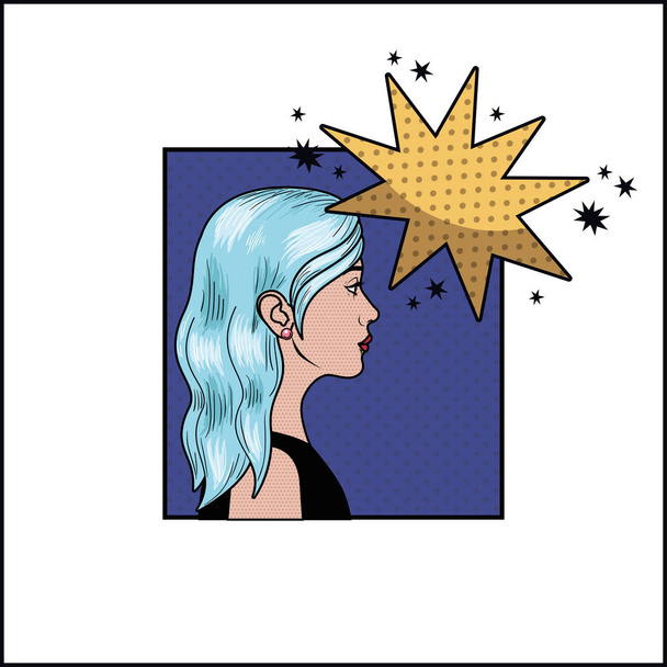 Kék haj és a beszéd buborék pop art stílusban nő - Vektor, kép