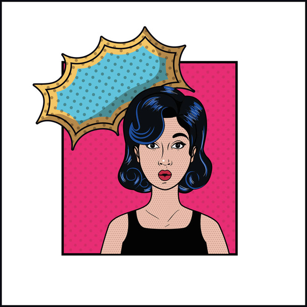 Frau mit schwarzen Haaren und Sprechblasenpop-Art-Stil - Vektor, Bild
