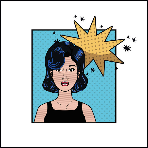 woman with black hair and speech bubble pop art style - Vector, Image