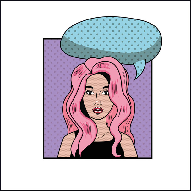 Frau mit pinkfarbenen Haaren und Sprechblasenpop-Art-Stil - Vektor, Bild