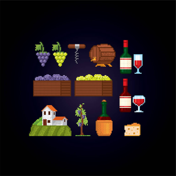 Wine making icon set. Pixel art. Old school computer graphic. Element design stickers, logo, mobile app, menu. 8 bit video game. Game assets 8-bit sprite. 16-bit. - Vector, Image