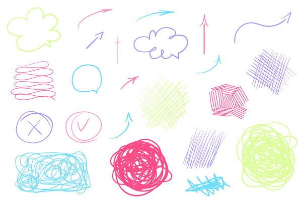 Elementi infografici multicolori su fondo bianco isolato. Frecce semplici disegnate a mano. Linea art. Una serie di puntatori diversi. Indicatori astratti e forme
 - Vettoriali, immagini