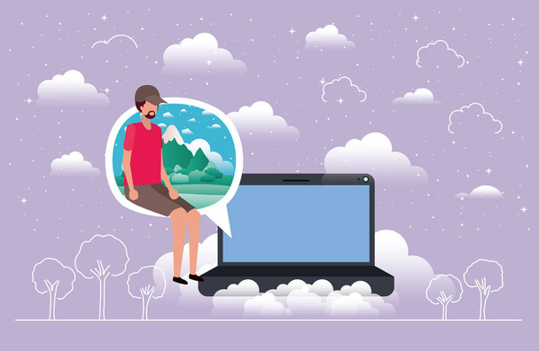 φορητό υπολογιστή με αγόρι κάθεται στο συννεφάκι ομιλίας - Διάνυσμα, εικόνα
