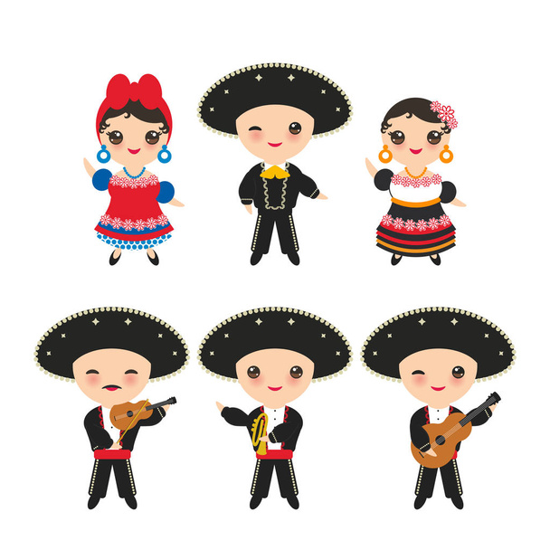 Cubans boy and girl in national costume and hat. Cartoon children in traditional Cuba dress, Mariachi group Musical instruments guitar, viola, violin, trumpet. Isolated on white background. Vector illustration - Вектор, зображення