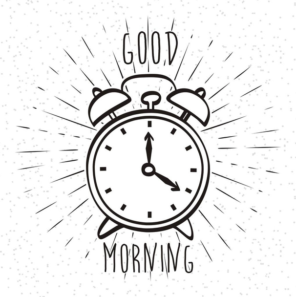 おはようございます、サンバーストの背景に描かれた目覚まし時計が分離された手を単語します。 - ベクター画像