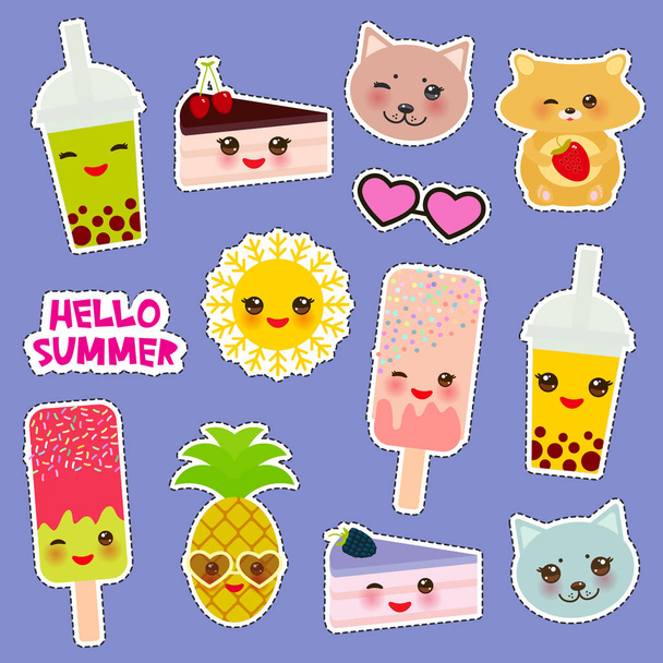 Hello Summer bright tropical fashion patches badges stickers. Applicable for Banners, Poster. Pineapple, cherry smoothie cup, ice cream, sun, cat, cake, hamster. Kawaii cute face. Vector illustration - Vetor, Imagem
