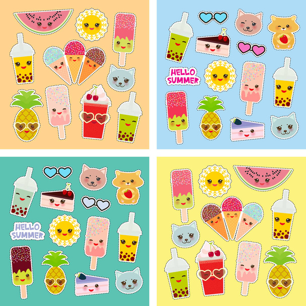 Hello Summer bright tropical card design, fashion patches badges stickers. Applicable for Banners, Poster. Pineapple, cherry smoothie cup, ice cream, sun, cat, cake, hamster. Kawaii cute face. Vector illustration - Wektor, obraz