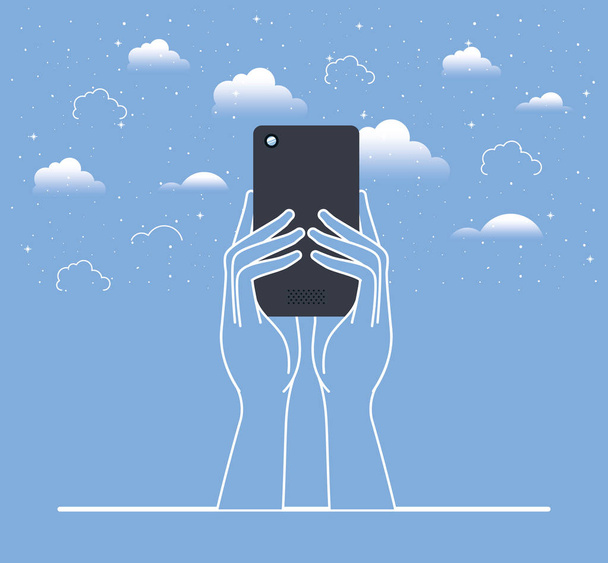 hands using smartphone in the sky - Vector, Image