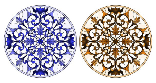 Zestaw ilustracje w stylu witrażu z rundy kwiatowych, niebieski i brązowy odcień - Wektor, obraz