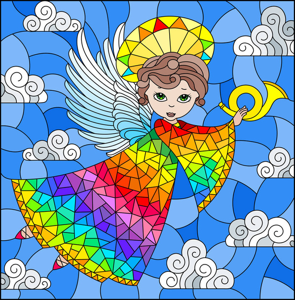 Иллюстрация в витражном стиле с мультяшным радужным ангелом, играющим на роге против облачного неба
 - Вектор,изображение
