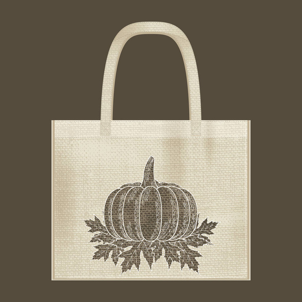 Canvas cotton textiles eco bag. Harvest, pumpkin, leaves. Natural color. Grunge burlap texture - Vector, Image