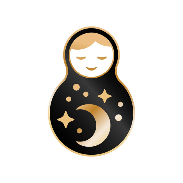 Russian doll matrioshka Babushka smiling Kawaii cute face, Stars, moon, constellation, night sky. Black gold isolated on white background for fashion patches badges. Vector illustration - Vector, Image