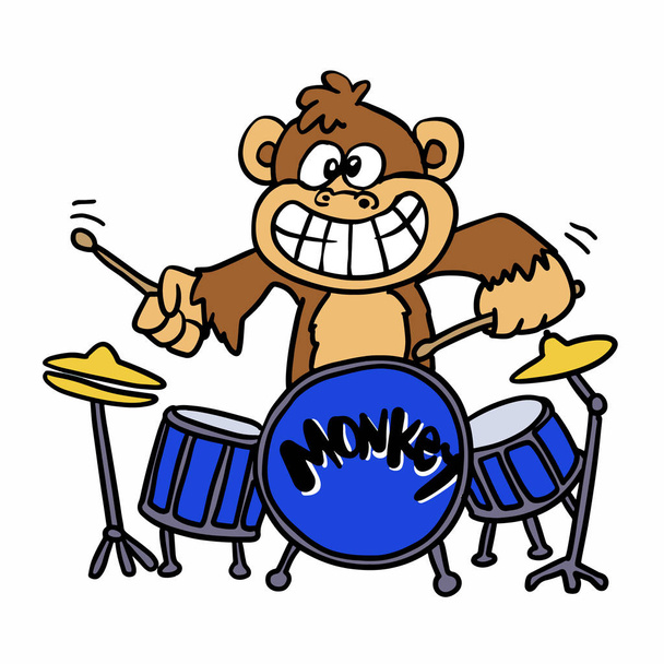 Μαϊμού παίζει ντραμς κινουμένων σχεδίων - Διάνυσμα, εικόνα