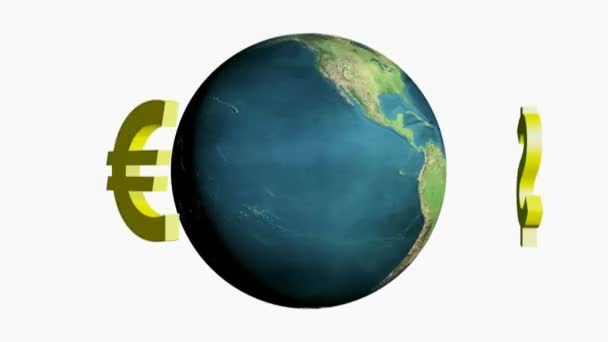 Dollar-, Euro- und Yen-Symbole rotieren um die Welt, isoliert auf weißem Hintergrund - 3D-Rendering-Video - Filmmaterial, Video